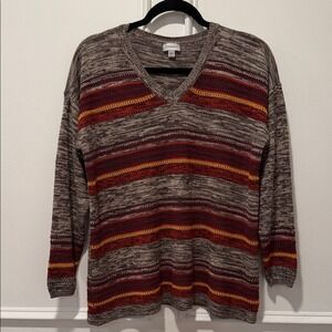Avenue‎ Brown Striped Sweater Size 14/16 V-Neck Long Sleeve Marled Knit